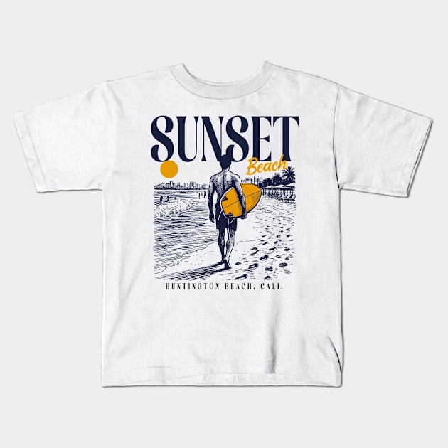 Vintage Surfing Sunset Beach, Huntington Beach, California // Retro Surfer Sketch // Surfer's Paradise Kids T-Shirt by Now Boarding